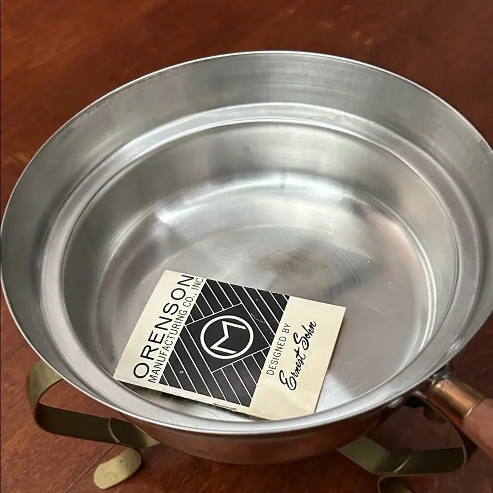 Vintage Brass Chafing Set, Copper with a Wooden Handle, Mid Century Modern
